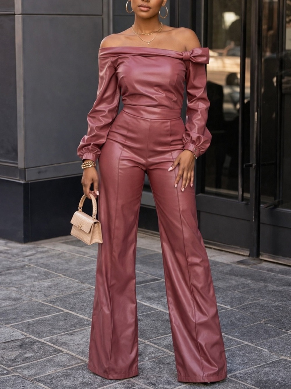 Faux Leather Wide-Leg Pants in Dusty Rose - Picture 2 of 2
